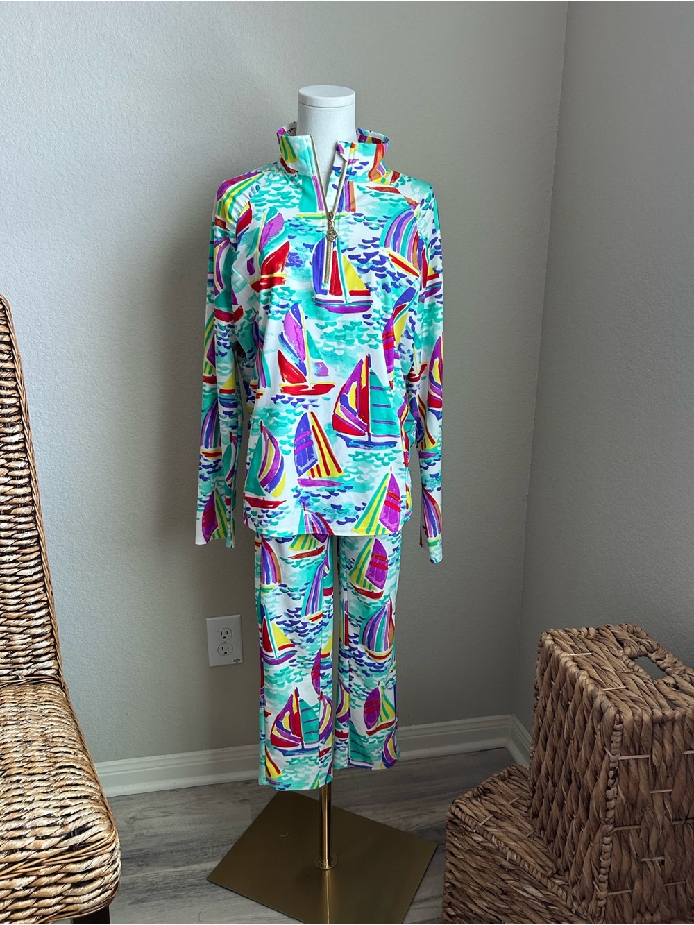 Aryeh Womens Sailboat Zip-Front Pant Set - Turquoise, Pink, Purple